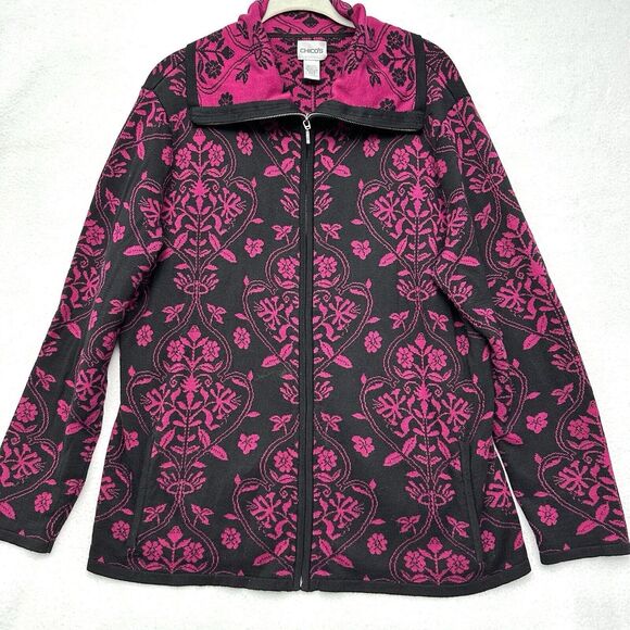 Chicos Silk Blend Zip Up Cardigan Sweater Size 3 (XL) Floral Pink Magenta Black - Picture 1 of 8